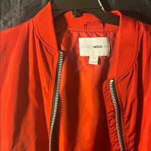 Fashion Nova Red Raincoat with Stand-Up Collar and Silver Zipper